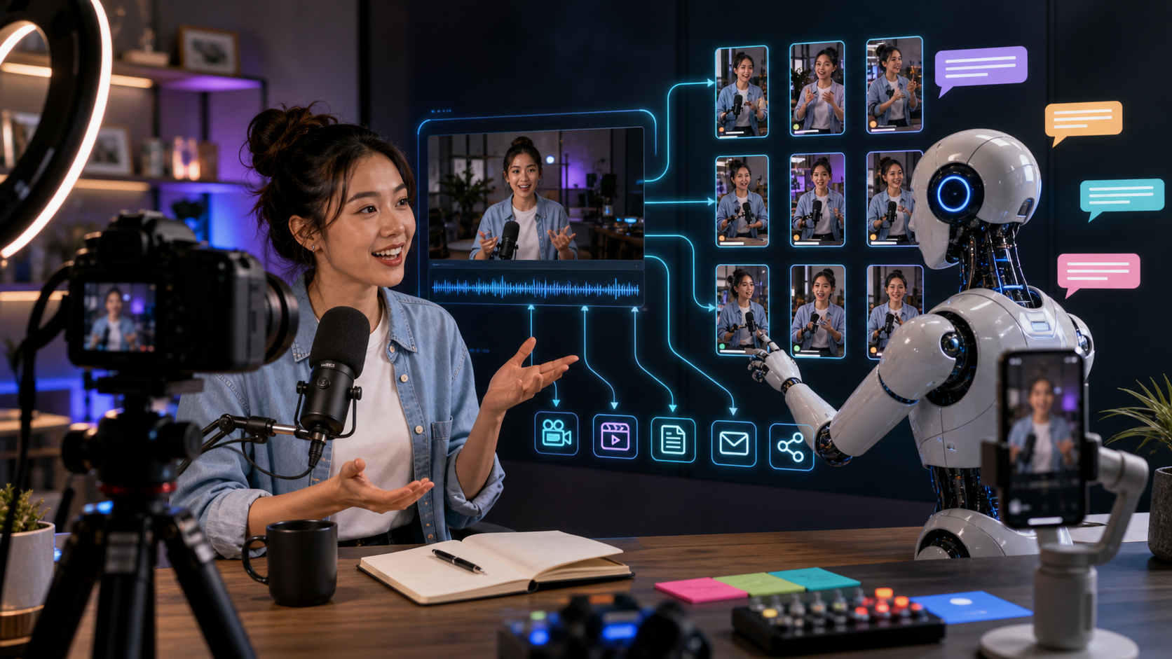 AI assistant turning a long creator recording into short social clips captions posts and newsletters