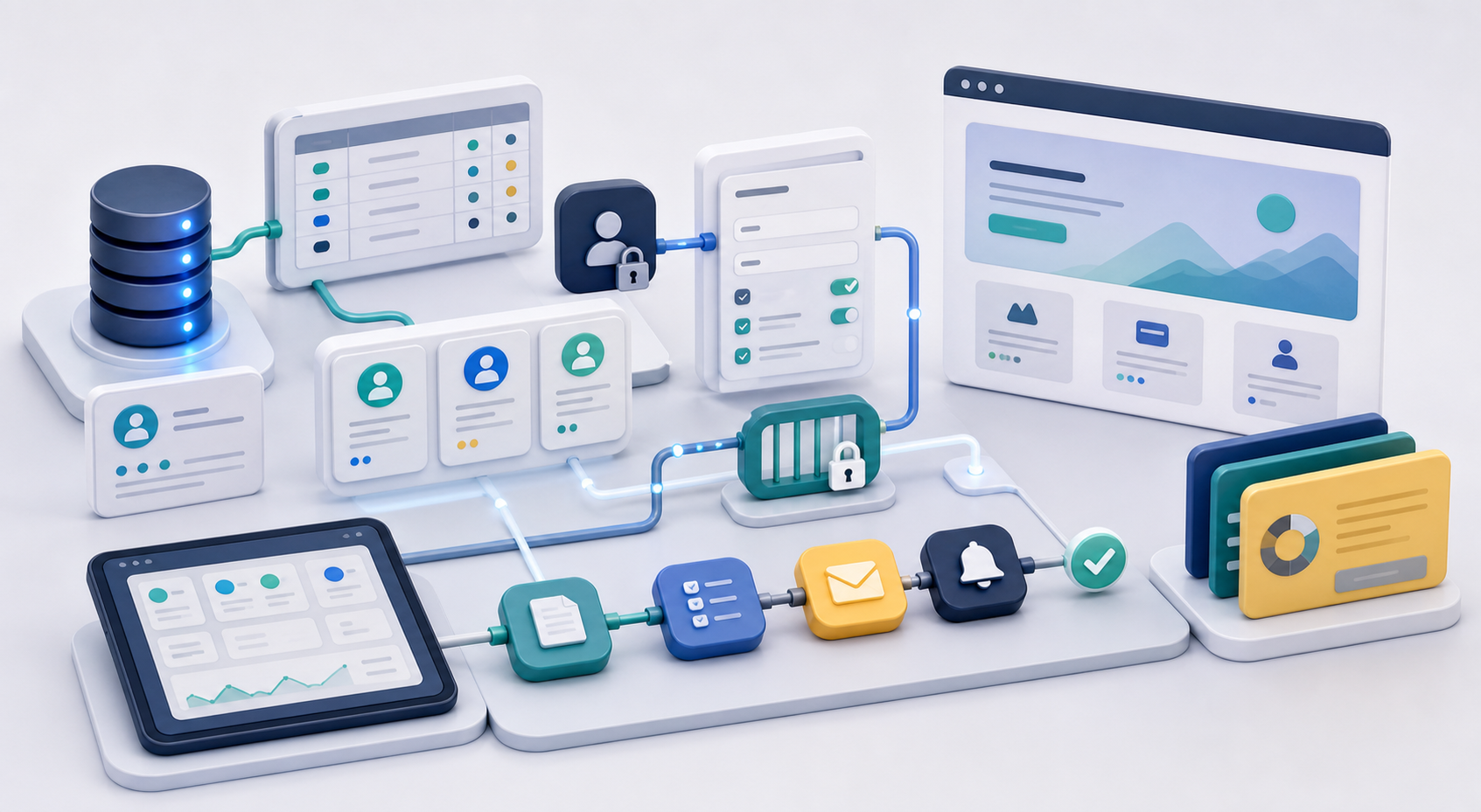 No code portal workflow with database tiles client cards permissions forms landing page and automation nodes