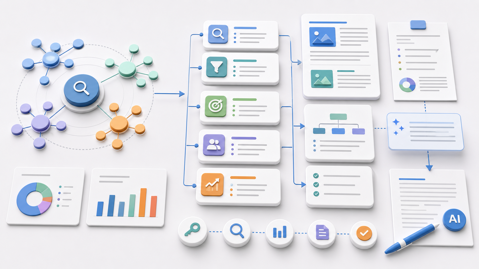 Keyword research clusters becoming content briefs product pages blog outlines and AI copy workflows