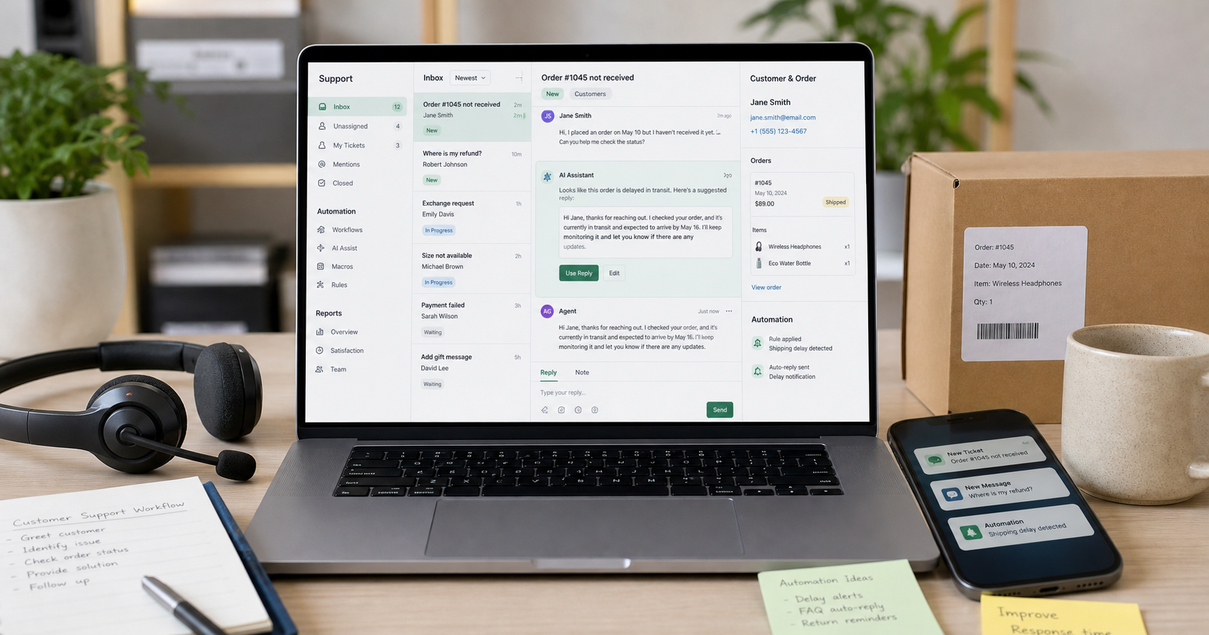 Ecommerce customer support automation dashboard with AI reply suggestions and order questions