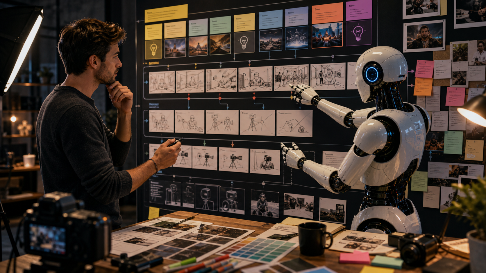 AI production assistant helping a video creator plan script hooks storyboard cards and camera shots
