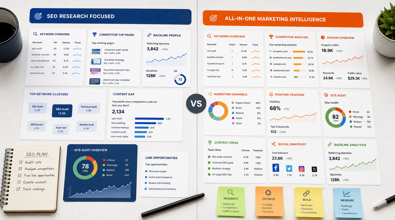Ahrefs vs Semrush SEO tools comparison with keyword research backlinks competitor analysis and content strategy