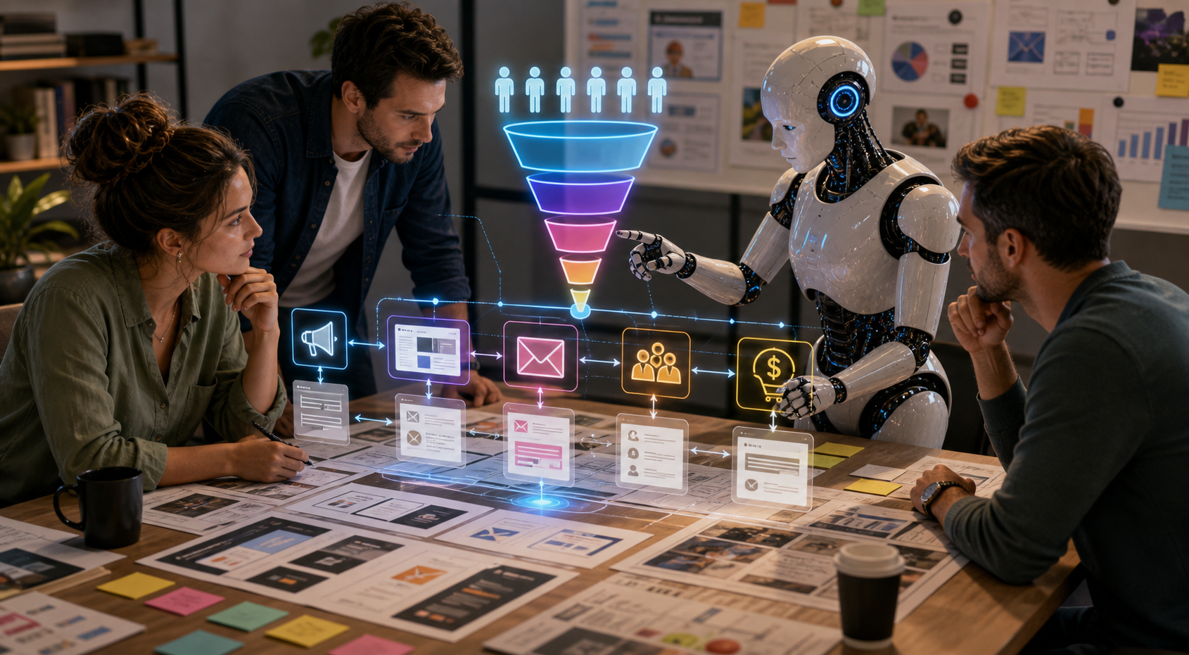 AI assistant helping marketers arrange landing pages email journeys CRM handoff and conversion funnel cards