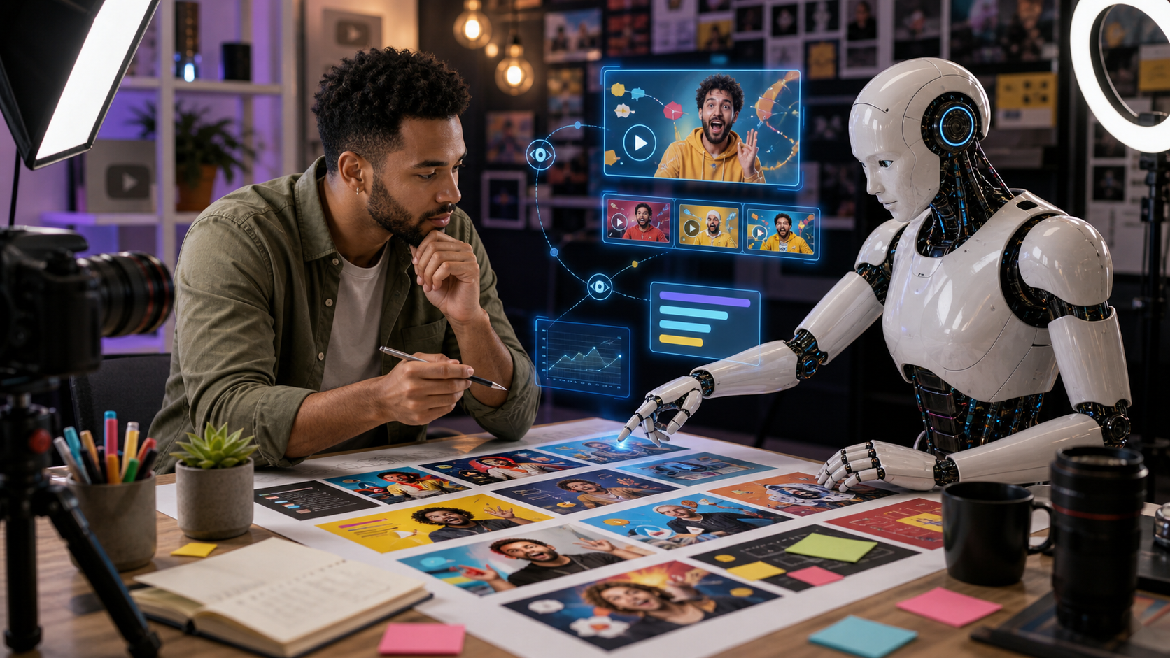 AI creative director helping plan video thumbnails hooks and titles for creator growth