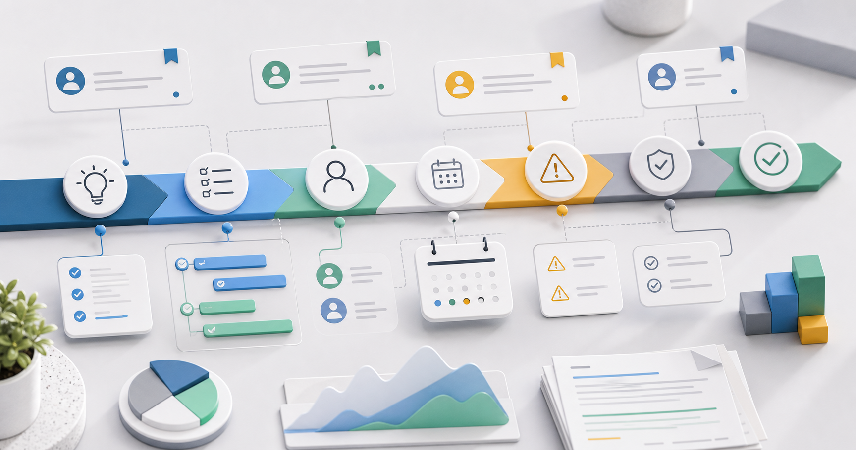 Project management timeline workflow with tasks owners deadlines blockers approvals and completion stages