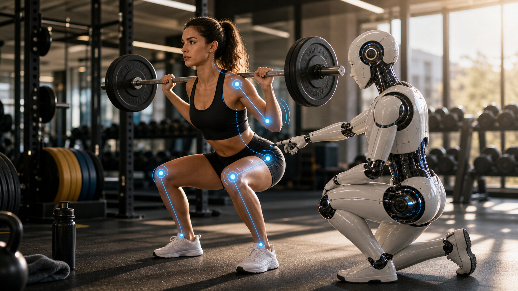 AI robotic fitness coach helping an athlete improve squat posture with smart movement tracking