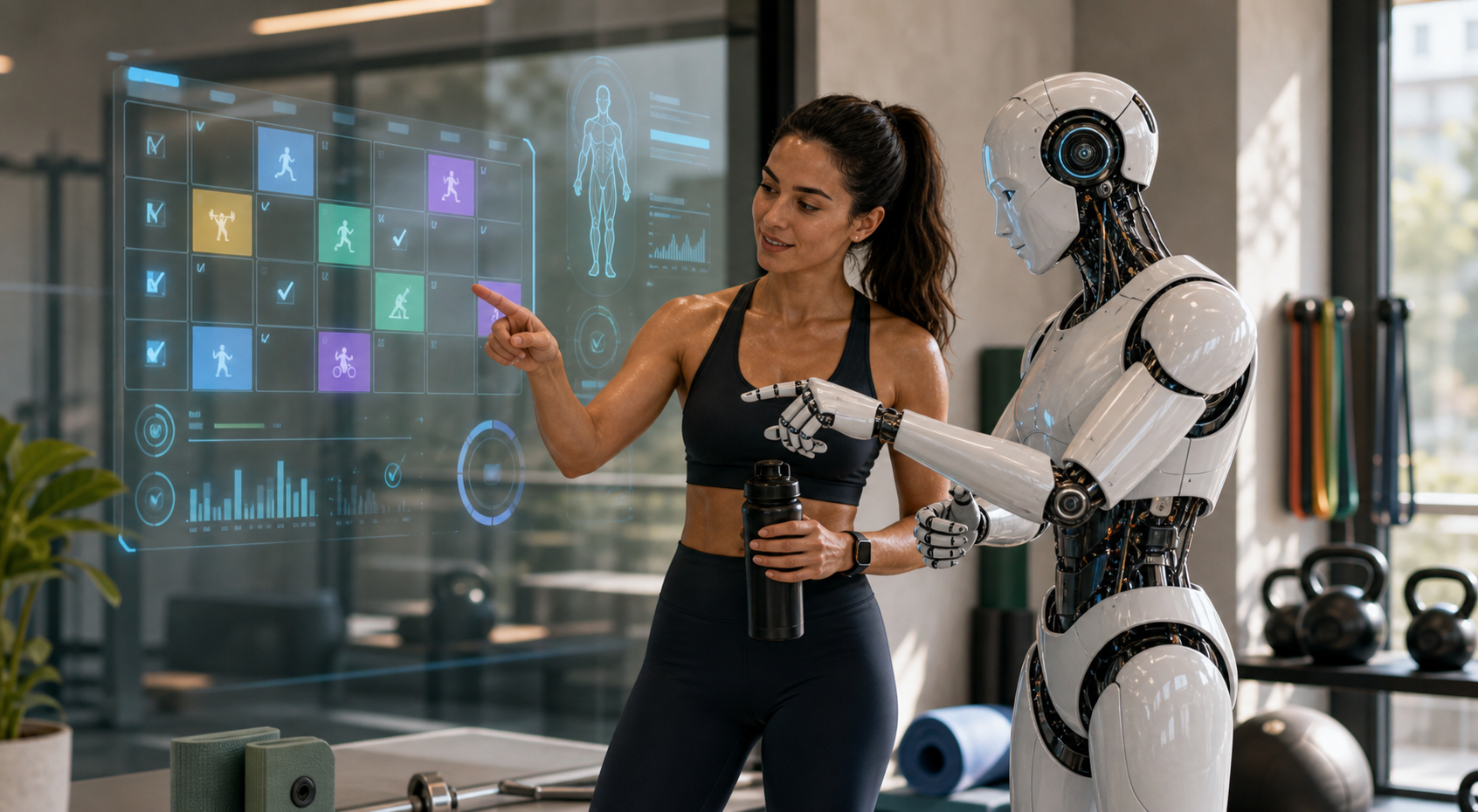 AI personal trainer reviewing a weekly workout plan with an athlete in a modern fitness studio