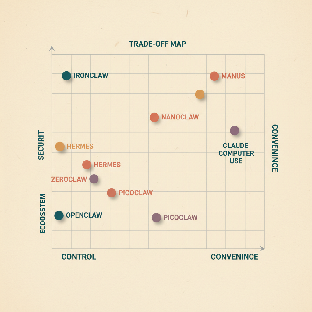 Two-axis trade-off map positioning eight AI agent frameworks by control versus convenience and community versus security