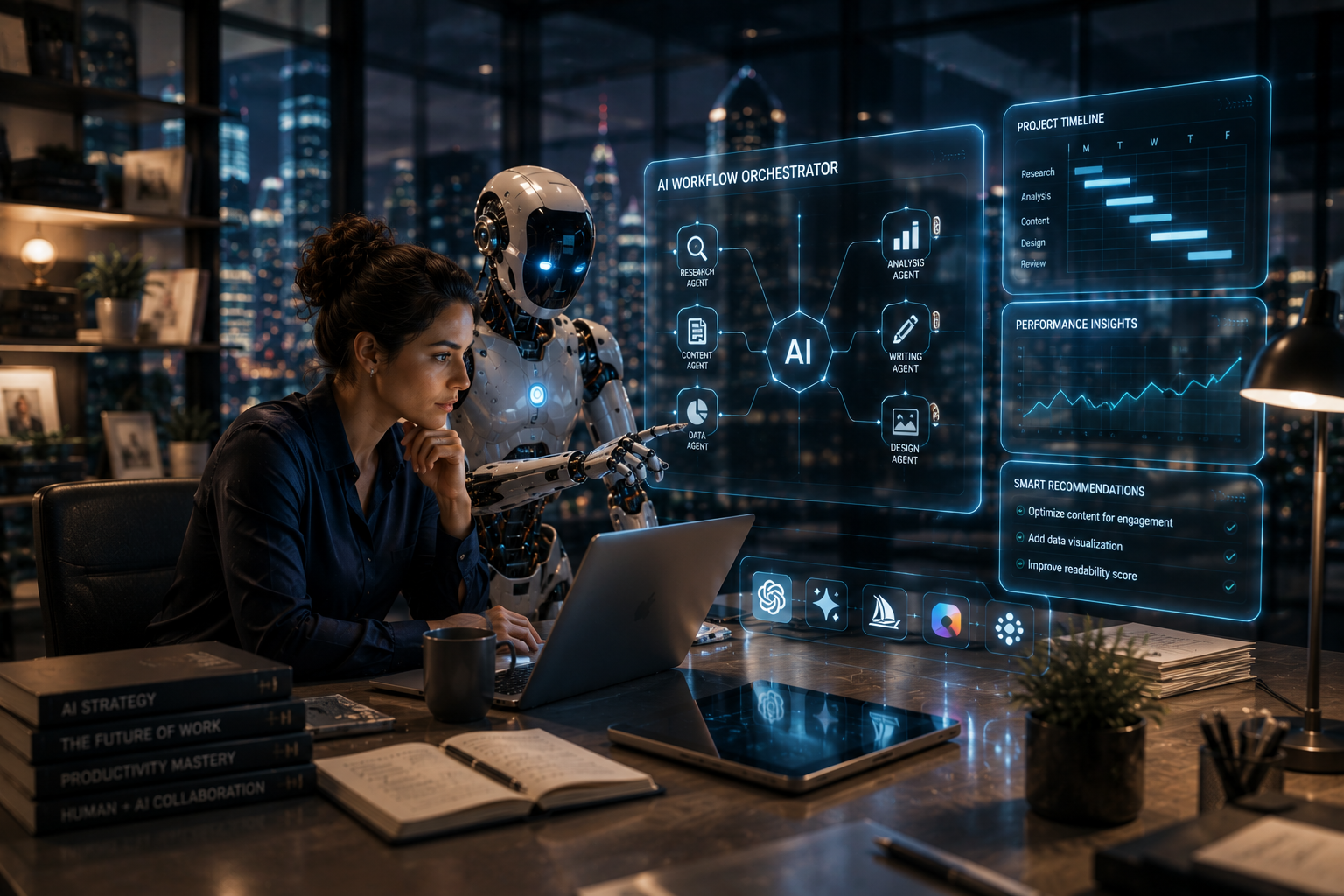 Productivity Automation Desk shown as a realistic AI productivity workflow for Best AI Productivity Tools in 2026