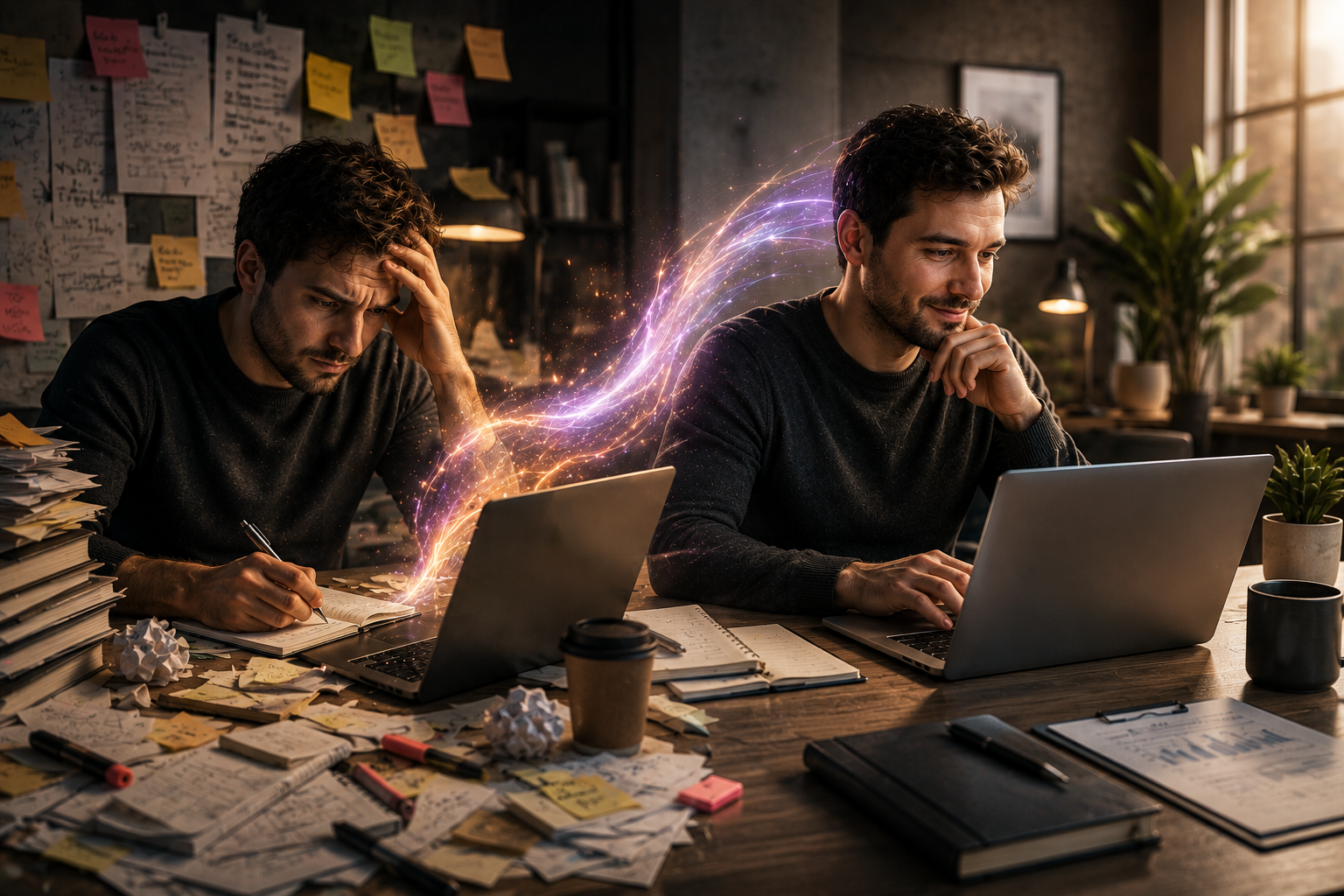 Two content writers side by side - one struggling without SEO data, one succeeding with Surfer SEO content score workflow
