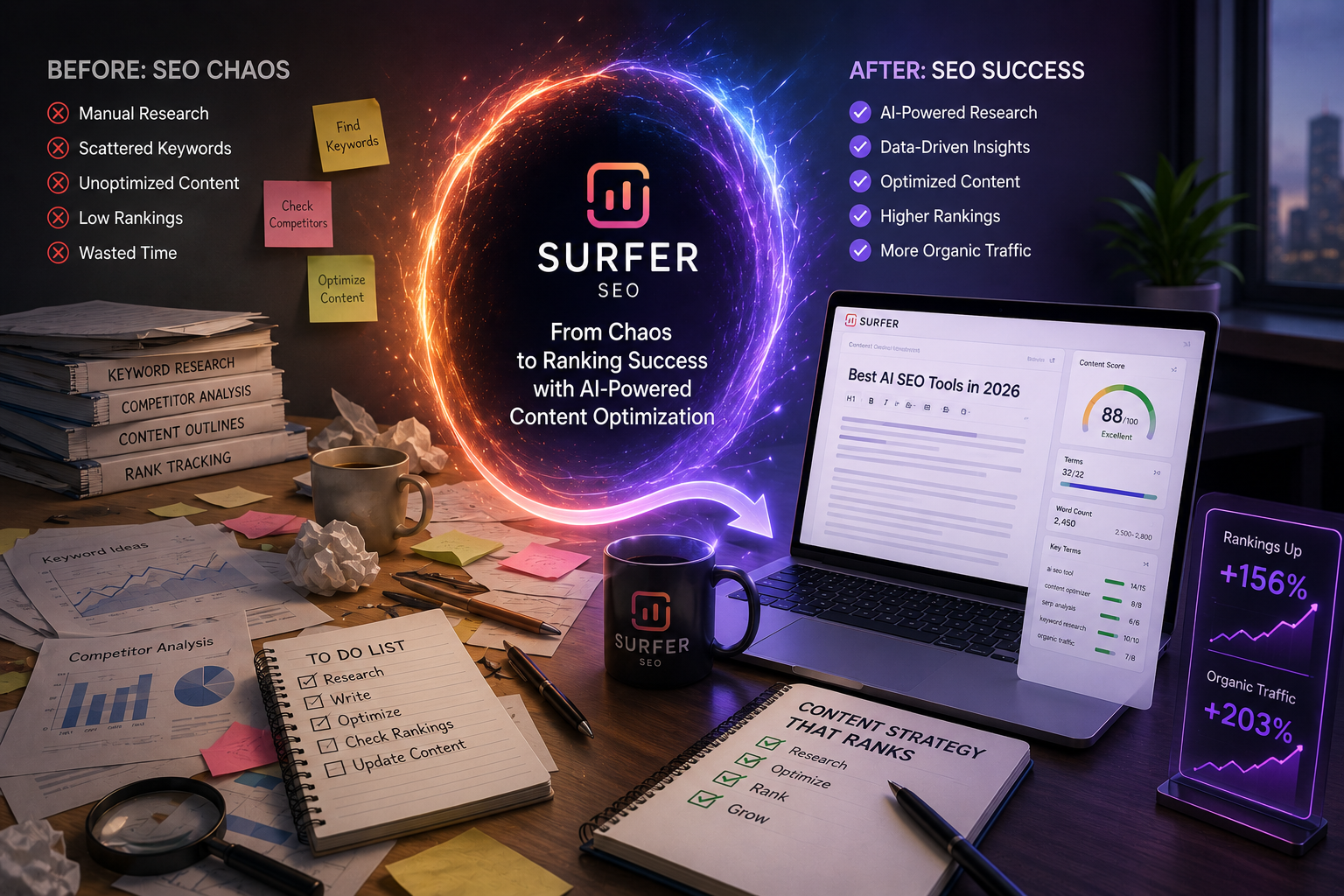 Surfer SEO before and after - from manual SEO chaos to AI-powered content optimization and ranking success