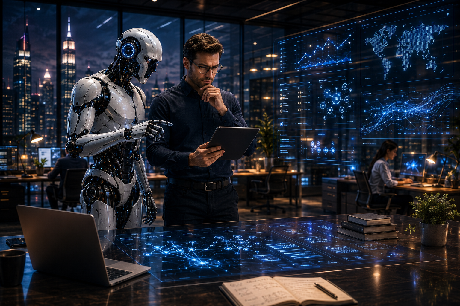 SEO professional and AI reviewing content strategy data and Surfer SEO workflow on a tablet in a modern office