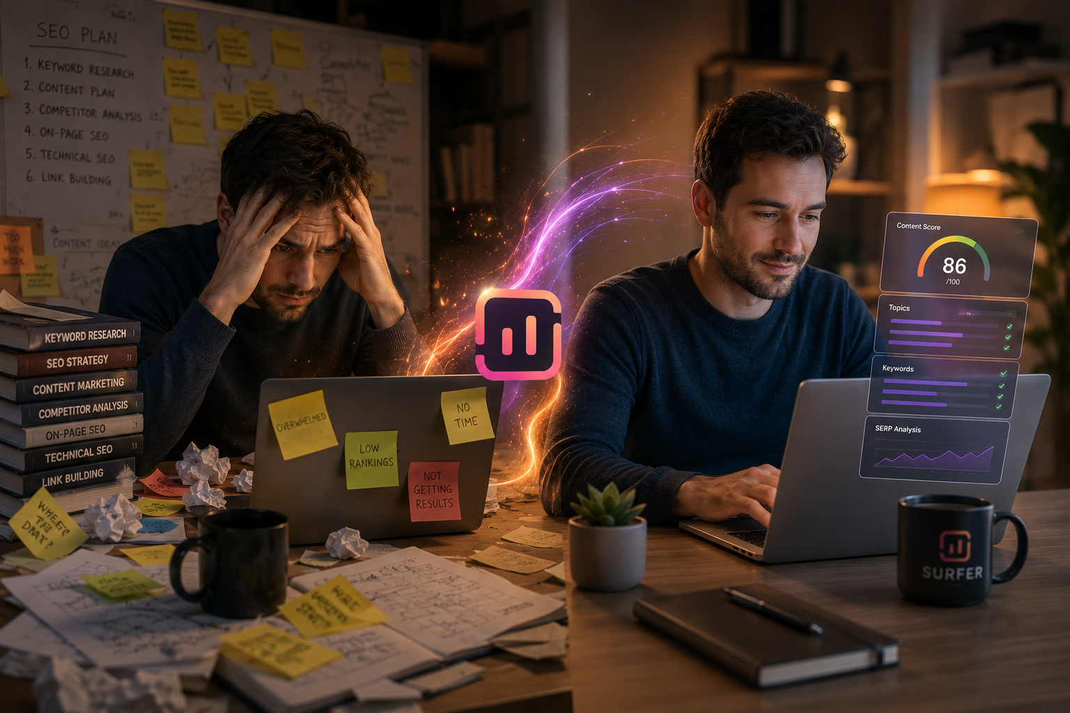 Before and after Surfer SEO - stressed writer without SEO data versus confident writer with content score and analytics
